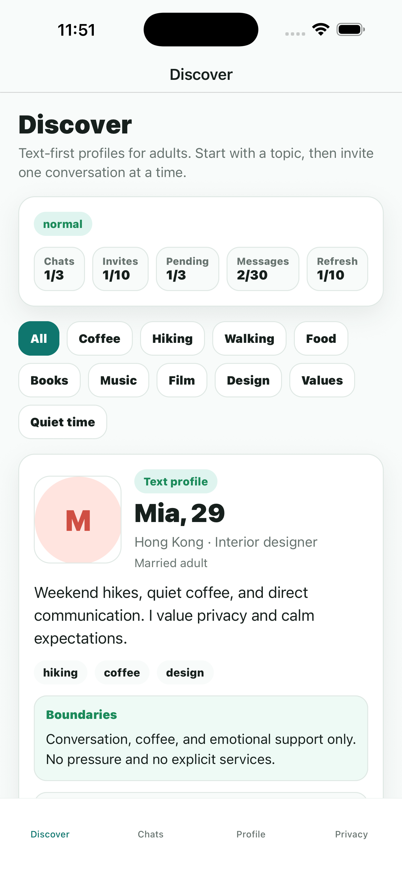 Kindred Private discover screen with text profile and topic invitation controls