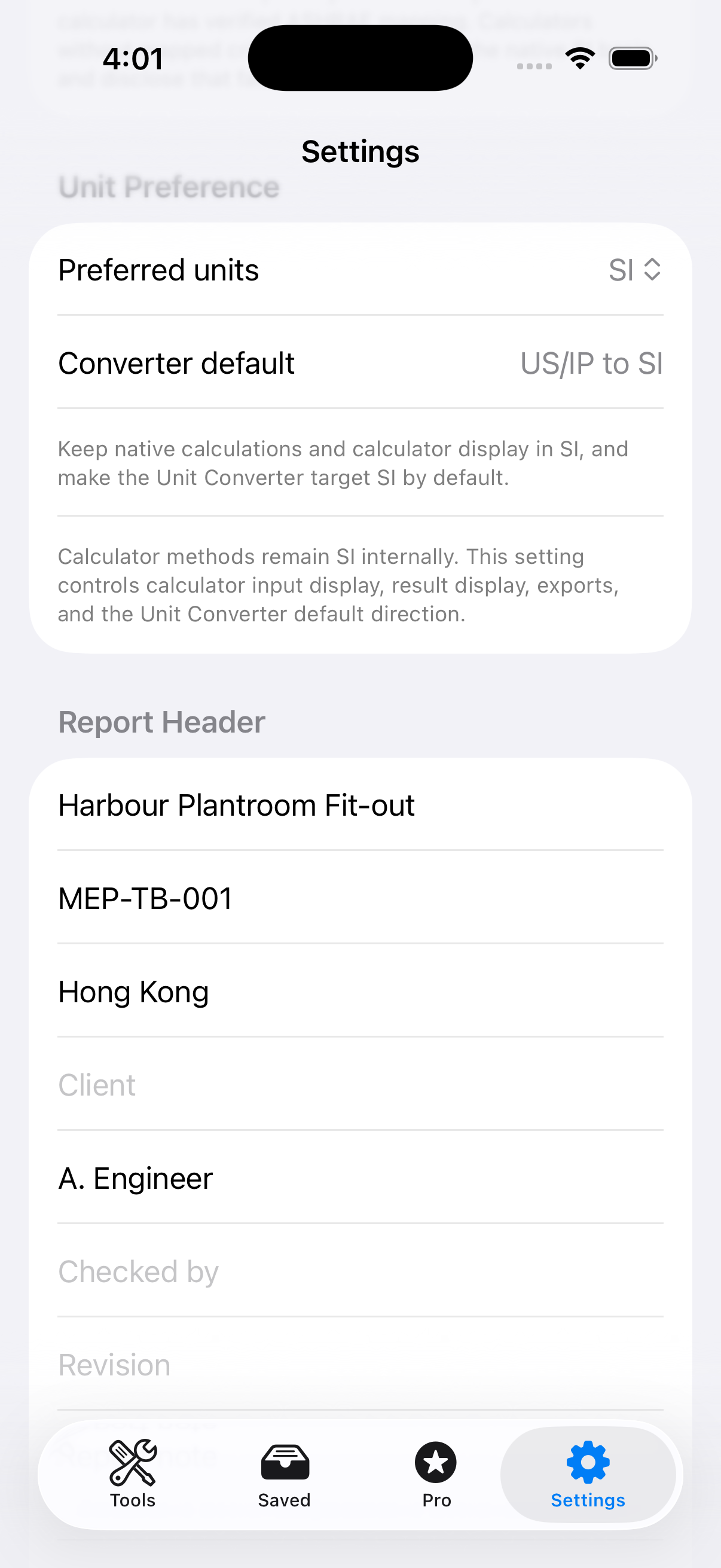 MEP Toolbook settings and standards screen on iPhone
